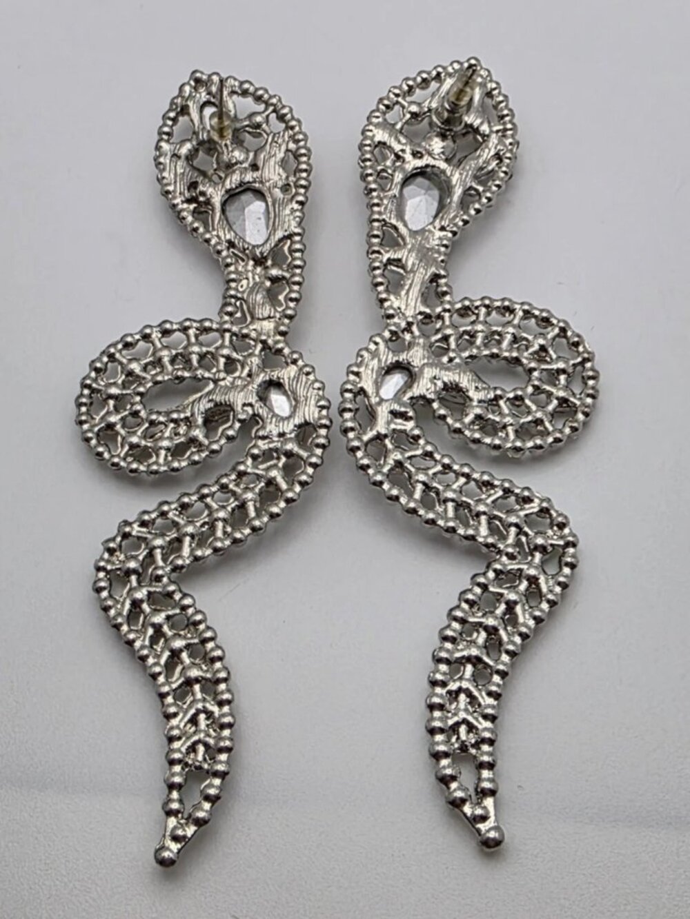 Clear Crystal Snake Drop Earrings Silver Tone 4 In Rhinestone Statement Serpent - Picture 9 of 10